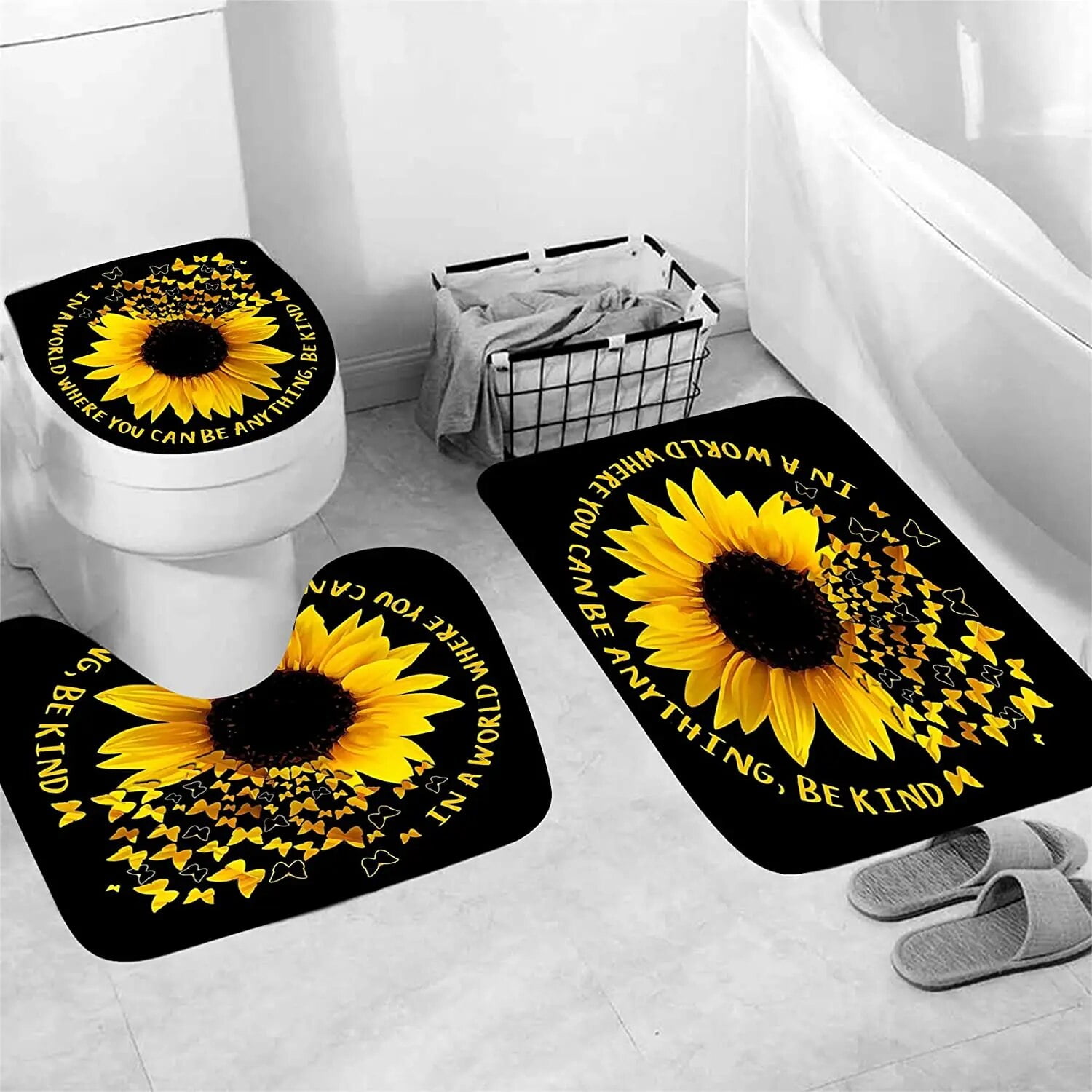 Butterfly Sunflower Bathroom Rug Set Black Background Rustic Wooden ...