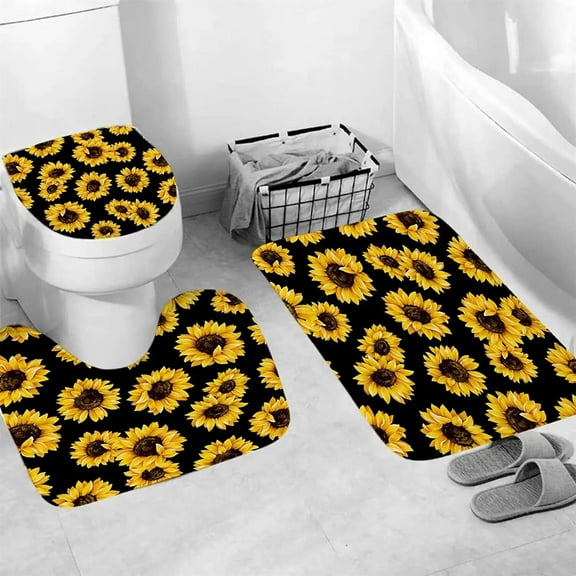Butterfly Sunflower Bathroom Rug Set Black Background Rustic Wooden Panel Flannel Bath Mat Toilet Seat Bathtub Decor Accessories