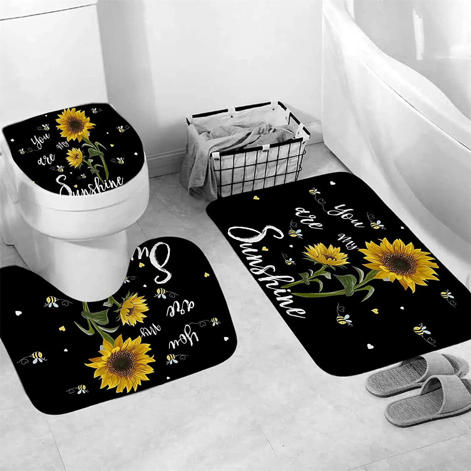 Butterfly Sunflower Bathroom Rug Set Black Background Rustic Wooden ...