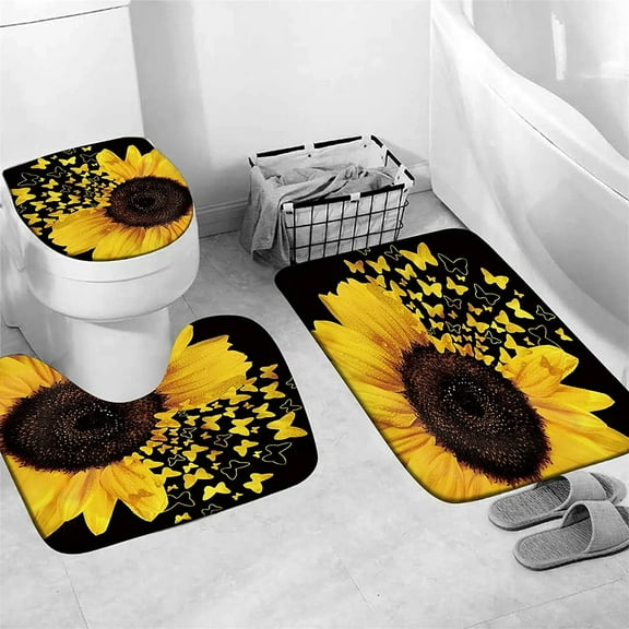 Butterfly Sunflower Bathroom Rug Set Black Background Rustic Wooden Panel Flannel Bath Mat Toilet Seat Bathtub Decor Accessories