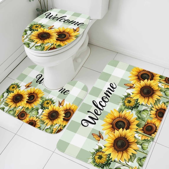 Butterfly Sunflower Bathroom Rugs Set Welcome Green White Plaid ...
