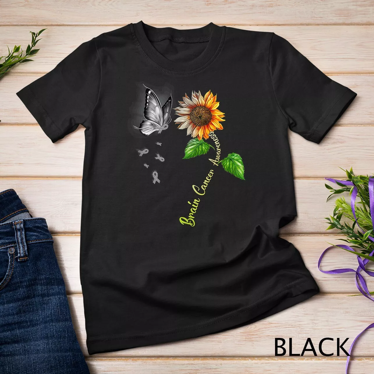 Butterfly Sunflower Brain Cancer Awareness Unisex Tshirt, Unisex Up To