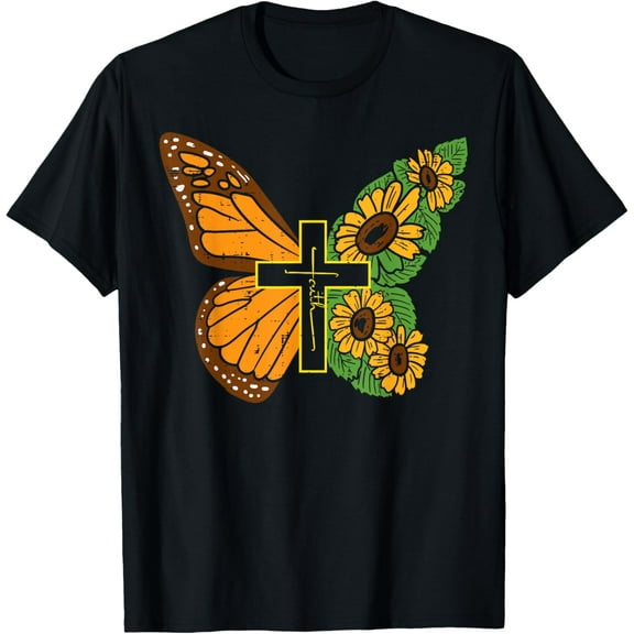 Butterfly Sunflower Cross Faith God Jesus Christian Women T-ShirtMen and women, Black T-shirt, size: Extra large