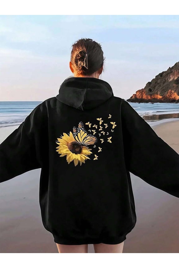 Butterfly Sunflower Graphic ,Women's Double-Sided Printed Casual Comfortable Hoodies, Autumn And Winter Casual Versatile Jackets (1 PC)