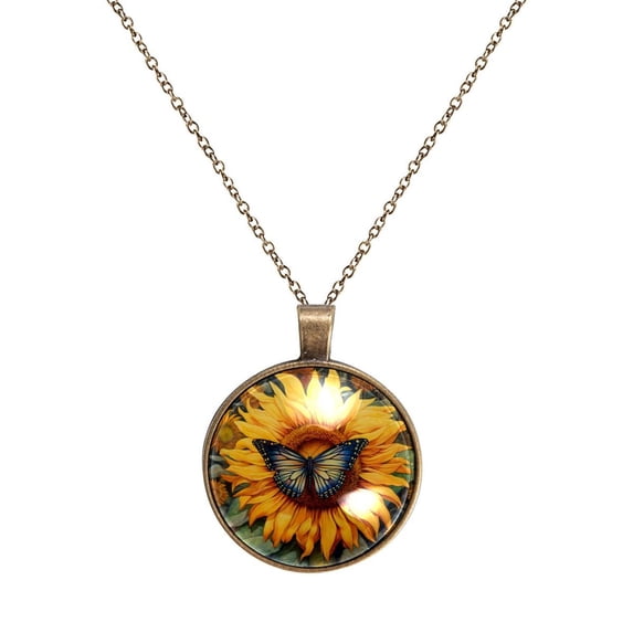 Butterfly Sunflower Necklace Personalized Custom Photo Round Pendant Adjustable Stainless Steel Necklaces with Gift Box for Men Women Mothers Valentine's Jewelry Gift