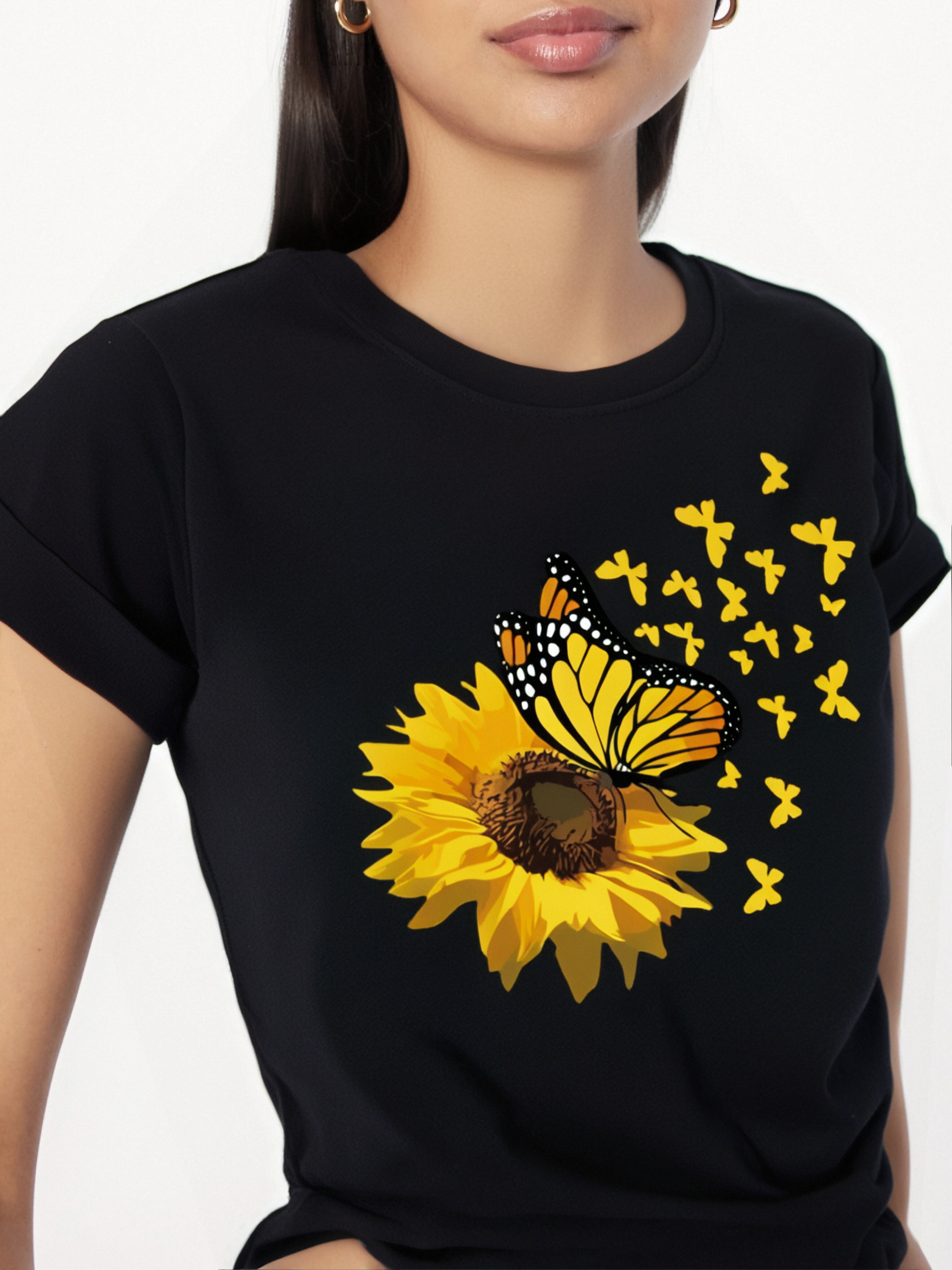 Butterfly &amp; Sunflower Print T-Shirt, Casual Short Sleeve Top For Spring ...