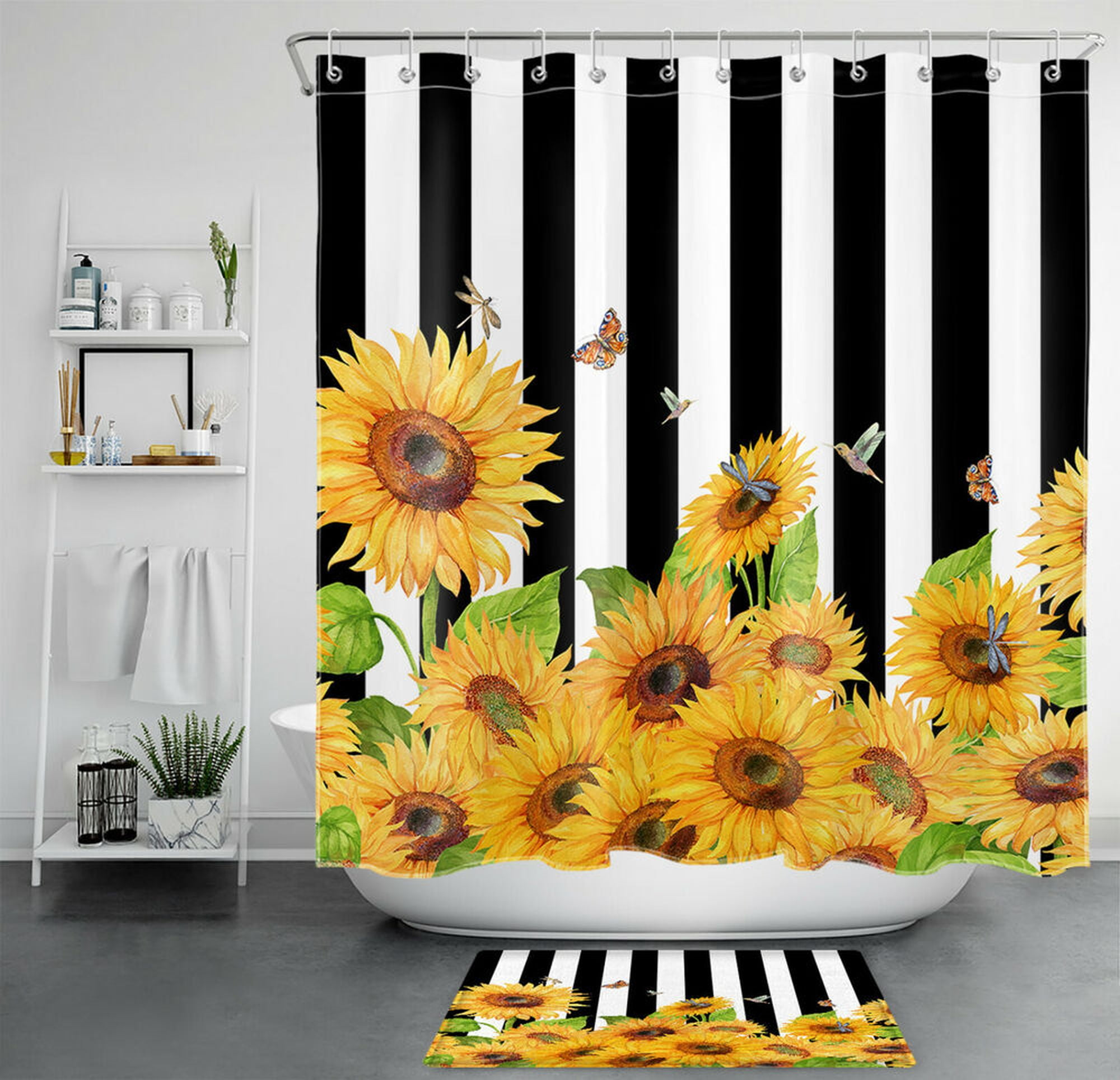 Butterfly Sunflower Shower Curtain Set - Transform Your Bathroom with ...