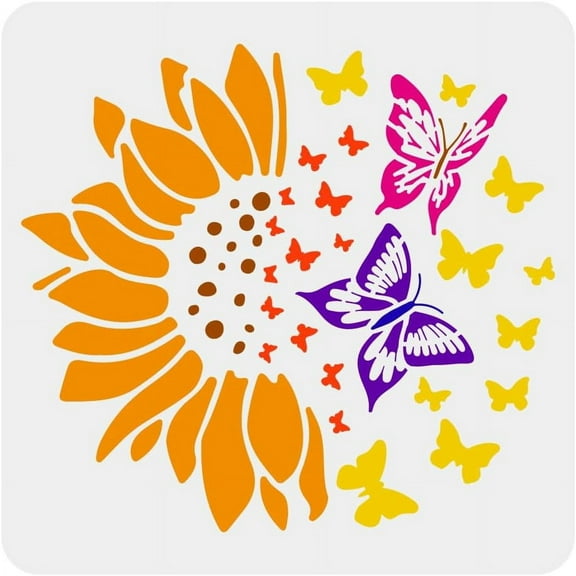 Butterfly Sunflower Stencil for Painting 11.8x11.8 inch Decorative Sunflower Template Hollowed Flying Butterflies Stencil Animal Plant Stencil Large Plant Theme Template for Wall Decor Mixed Color