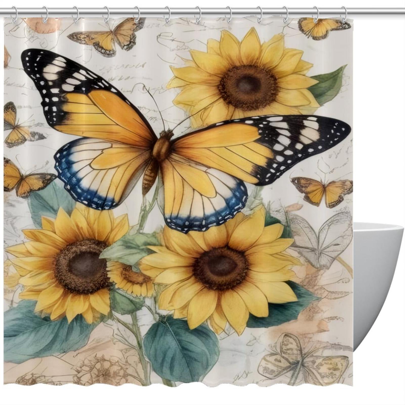 Butterfly Sunflowers Shower Curtain Sets, Shower Curtain for Bathroom