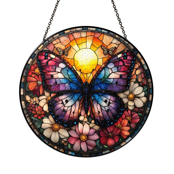 Butterfly Sunset Stained Glass Suncatcher – Floral Window Hanging Decor