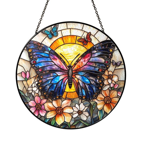 Butterfly Sunset Stained Glass Suncatcher Window Hanging, Floral Home Decor Sun Catcher Gift