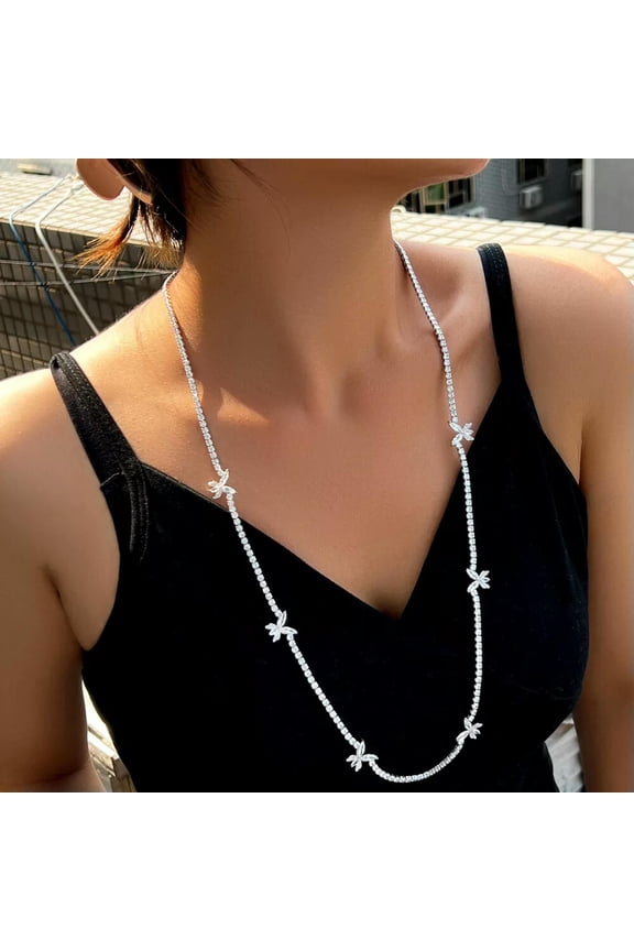 Butterfly Sweater Wedding Necklace CZ Long Tennis Chain Silver Plated Jewellery