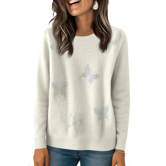 Butterfly Sweater Women Holiday Sweater Sweaters for Women Womens Sweaters Womens Knit Sweaters Long Sleeve Lightweight Pullover Printed Cute Tops Winter Casual Fashion Outfits, White-XXL