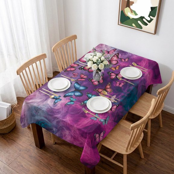 Butterfly Table Cloth Waterproof Tablecloths, Purple Blue Fantasy Dream Butterflies Abstract Tablecloth Dining Table Cover for Kitchen Party Tabletop Outdoor, Rectangle Tablecloth 52x70 Inch