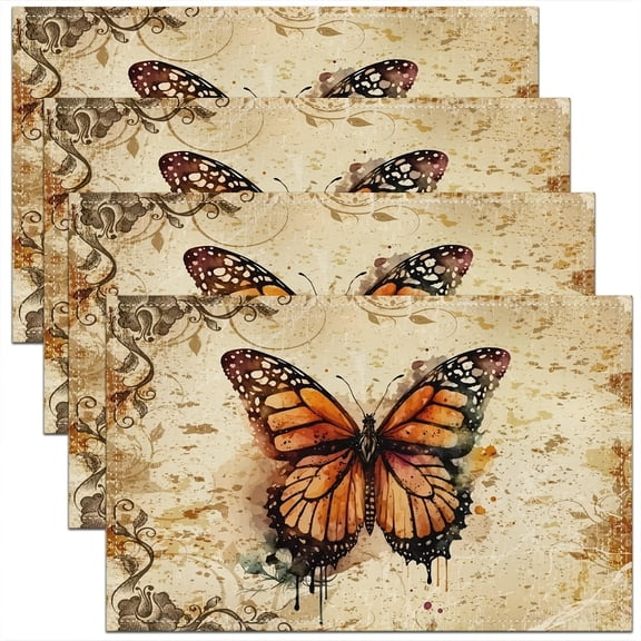 Butterfly Table Placemats Set of 4,Farmhouse Vintage Flying Animal Place Mats 12x18 Inch for Kitchen Table,Ink Tie Dyeing Watercolor Washable Mats Suitable for Restaurant