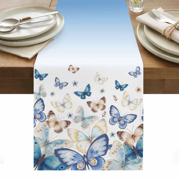 Butterfly Table Runner 13 x 36 Inch, Abstract Blue Gold Animal Blue White Gradient Washable Cotton Linen Dining Table Runner Tabletop Decorations for Restaurant Home Kitchen Party