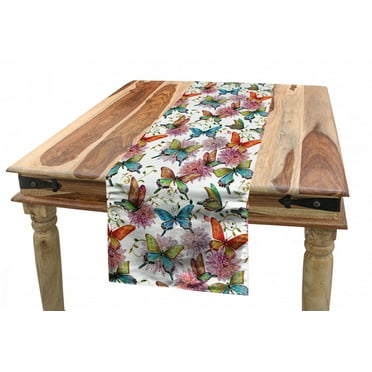 Butterfly Table Runner, Flying Butterflies with Floral Elements Vivid Color Palette Wildflowers Retro, Dining Room Kitchen Rectangular Runner, 3 Sizes, by Ambesonne