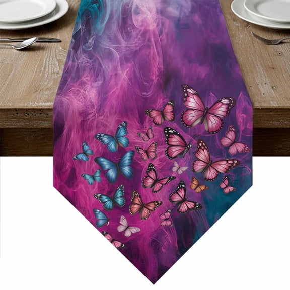 Butterfly Table Runner Linen Burlap Table Runner 36 Inches Small Purple Blue Fantasy Dream Butterflies Abstract Dresser Scarves for Kitchen Island Coffee Dining Party Wedding Holiday Decor 13"x36"