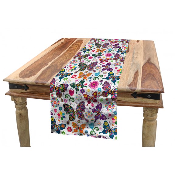 Butterfly Table Runner, Sixties and Seventies Inspired Complex Image with Floral Elements and Butterflies, Dining Room Kitchen Rectangular Runner, 3 Sizes, by Ambesonne