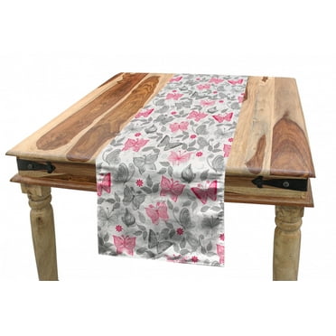 Butterfly Table Runner, Sketch Style Animals Leaves Abstract Nature Depiction Romantic Swirls Lines, Dining Room Kitchen Rectangular Runner, 3 Sizes, by Ambesonne