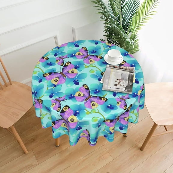Butterfly Tablecloth, Butterfly Party Table Cloth for Party Decoration, Round 60 Inch, Butterfly Bird Flower Themed Tablecloths for Dinner Kitchen Party Picnic