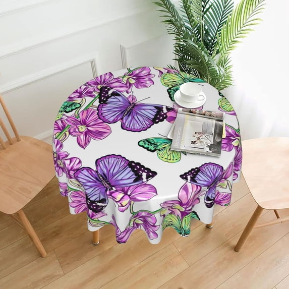 Butterfly Tablecloth, Butterfly Party Table Cloth for Party Decoration, Round 60 Inch, Butterfly Bird Flower Themed Tablecloths for Dinner Kitchen Party Picnic