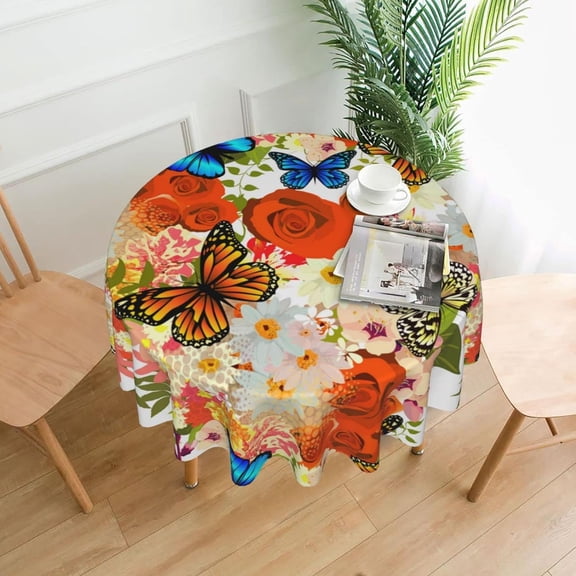 Butterfly Tablecloth, Butterfly Party Table Cloth for Party Decoration, Round 60 Inch, Butterfly Bird Flower Themed Tablecloths for Dinner Kitchen Party Picnic