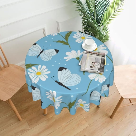 Butterfly Tablecloth Round Table Cloths 60 Inch Wrinkle Resistant Picnic Table Covers Washable Polyester for Holiday Kitchen Party Picnic -Daisy