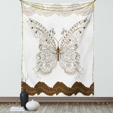 Butterfly Tapestry, Butterfly Artwork with Swirled Wings Vintage Ornate Fashion Style Print, Wall Hanging for Bedroom Living Room Dorm Decor, 40W X 60L Inches, Brown Grey White, by Ambesonne