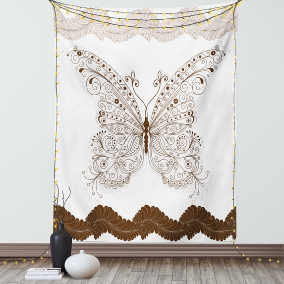 Butterfly Tapestry, Butterfly Artwork with Swirled Wings Vintage Ornate Fashion Style Print, Wall Hanging for Bedroom Living Room Dorm Decor, 60W X 80L Inches, Brown Grey White, by Ambesonne