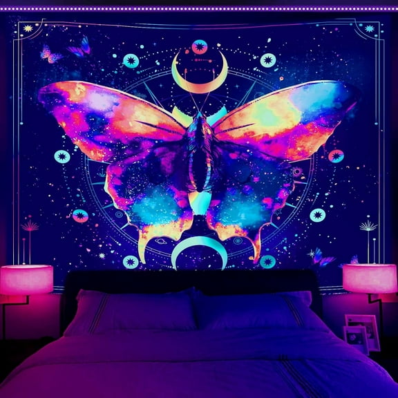Butterfly Tapestry Blacklight Moon Stars Galaxy Space Tapestry Wall Hanging for Bedroom Living Room UV Reactive Trippy Tapestries Aesthetic Home Decor, 60X40IN