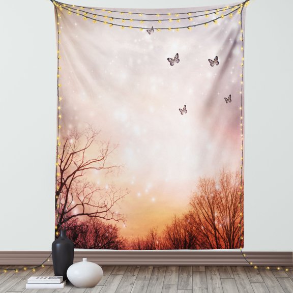 Butterfly Tapestry, Dreamy Butterflies Over Trees Romantic Fantasy Blurry Sky Artistic Design, Wall Hanging for Bedroom Living Room Dorm Decor, 60W X 80L Inches, Orange Baby Pink, by Ambesonne