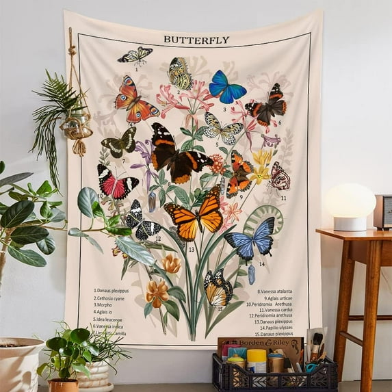 Butterfly Tapestry Flower Tapestries Vintage Vertical Floral Plant Tapestry Wall Hanging Colorful Identification Retro Art Aesthetic Wall Tapestry for Bedroom Dorm Living Room (36" x 48"))