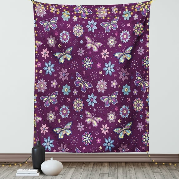 Butterfly Tapestry, Vortex Shapes with Polka Dots Background Flower Pattern Colorful Animal Design, Wall Hanging for Bedroom Living Room Dorm Decor, 40W X 60L Inches, Multicolor, by Ambesonne
