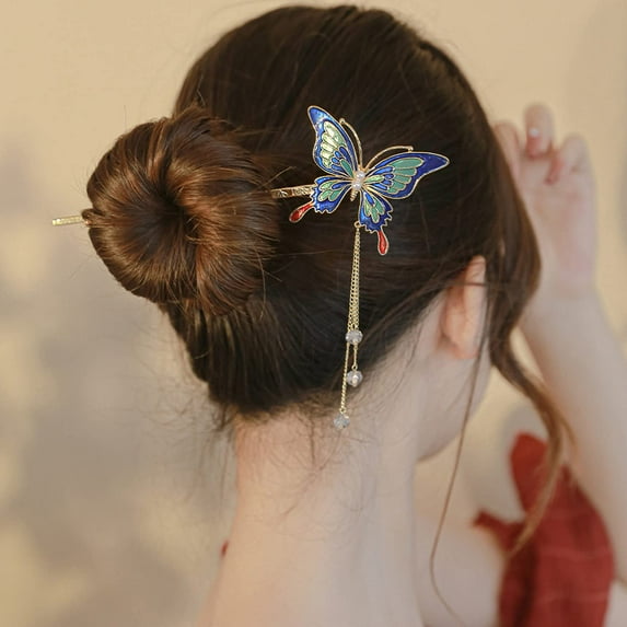 Butterfly Tassel Hair Stick, Retro Chinese Style Hair Chopsticks Hanfu Chignon Hair Pin Styling Hair Making Accessories for Women Blue