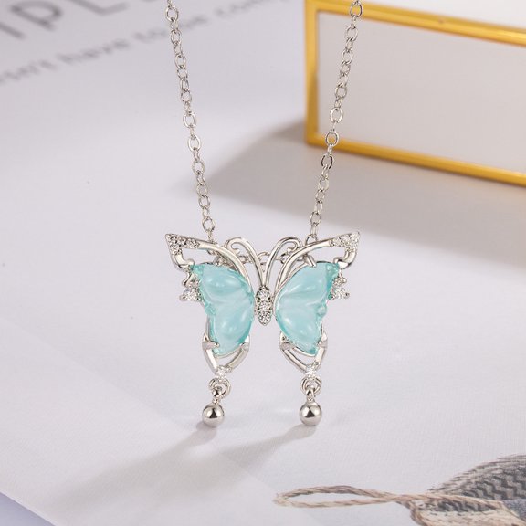 Butterfly Tassels Pendant Necklaces Chinese Style Light Luxury Inlaid Jade Blue Water Butterfly Pendant Ice Exquisite Fashion Ladies Collarbone Chains Birthday Holiday Gift for Women