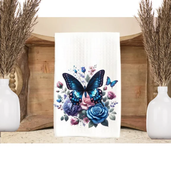 Butterfly Tea Towel Blue Roses Floral Waffle Weave Botanical Kitchen Decor Gift