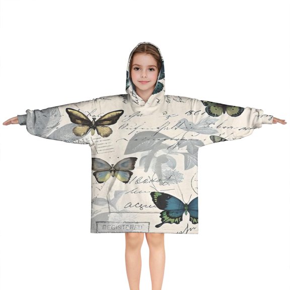 Butterfly Text Leaf Pattern Blanket Hoodies for Kids 6-13YR Oversize Wearable Blanket Hoodies for Boys Girls Teens