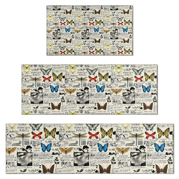 Butterfly Text Pattern Kitchen Rugs Sets Of 3,Kitchen Runner Rugs Non Skid Washable,Decorative Kitchen Floor Mats for Kitchen,Sink,Laundry,17"x30"+ 17"x47" + 17"x59"