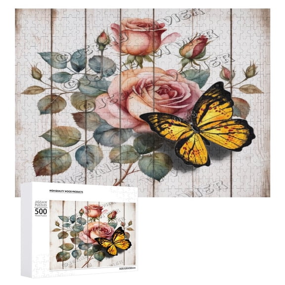 Butterfly on The Rose 500 Piece Jigsaw Puzzle for Adults,Wood Puzzles Jigsaw,Fun Challenging Brain Exercise Family Game Creative Gift for Friends Parents Grandparents