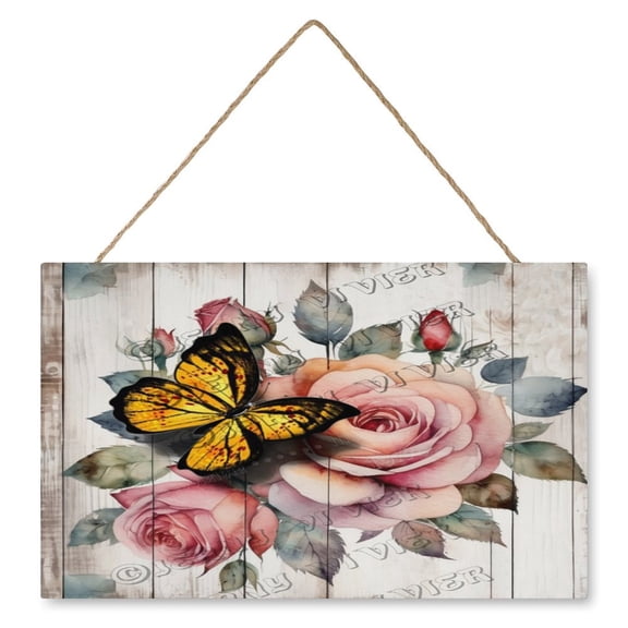 Butterfly on The Rose Hanging Wood Sign Home Decorative, Printed Wood Wall Art Sign Decorative Wood Plaque New Home Wall Decor Sign, Gift for Women Men 10"x16"