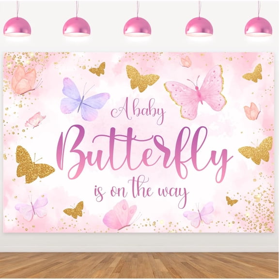 Butterfly Theme A Baby Butterfly is on The Way Backdrop Baby Shower Party Decorations Purple Pink Butterfly Gold Spots Photo Background for Baby Shower Party Decor Supplies Banner Photo Props 5x3ft