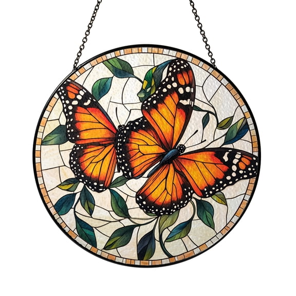 Butterfly Theme Stained Glass Style Window Panel – Floral Art Decor