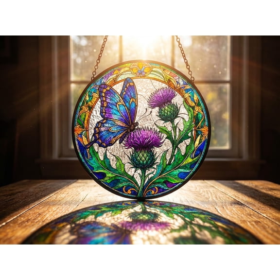 Butterfly Thistle Stained Glass Suncatcher, Round Glass Window Hanging, Scottish Celtic Style Flower Decor Gift