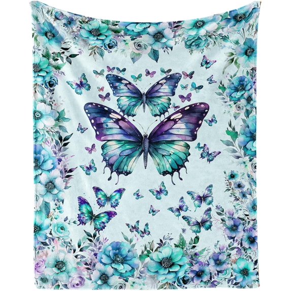 Butterfly Throw Blanket, 40" x 30" Flannel Cute Butterflies Themed Stuffed Animal Green Throw, Soft Nap Throw Blanket for Home, Office for Boys Girls Women Butterfly Lovers Gifts