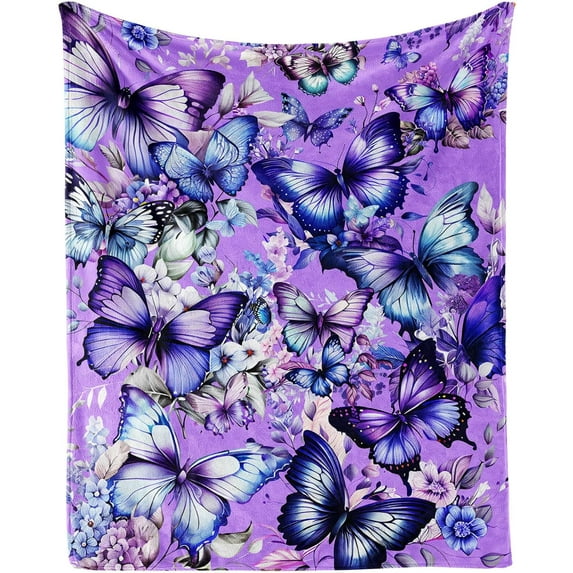 Butterfly Throw Blanket, 80" x 60" Flannel Cute Butterflies Themed Stuffed Animal Purple Throw, Soft Nap Throw Blanket for Home, Office for Boys Girls Women Butterfly Lovers Gifts