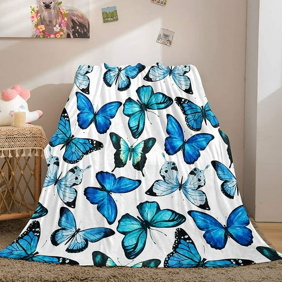 Butterfly Throw Blanket Blue Butterfly Blanket Flannel Fleece Blanket Chic Blue Super Soft Warm Plush Blanket for Bedroom Couch Sofa (Twin(60"x80"), Blue Butterfly)