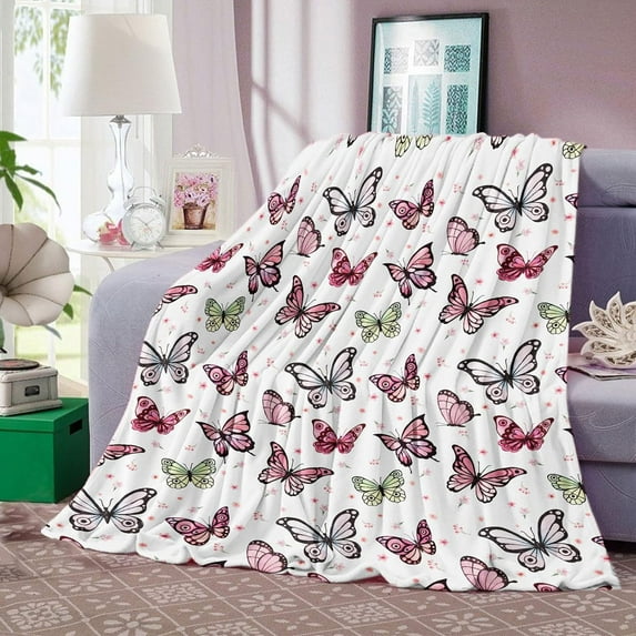 Butterfly Throw Blanket for Women, Pink Butterfly Throw Blanket with Flower, Soft Cozy Fluffy Fuzzy Flannel Blankets for Adults Daughter Girls Birthday Gifts, Home Sofa Couch Bed Decor, 60x80 Inch