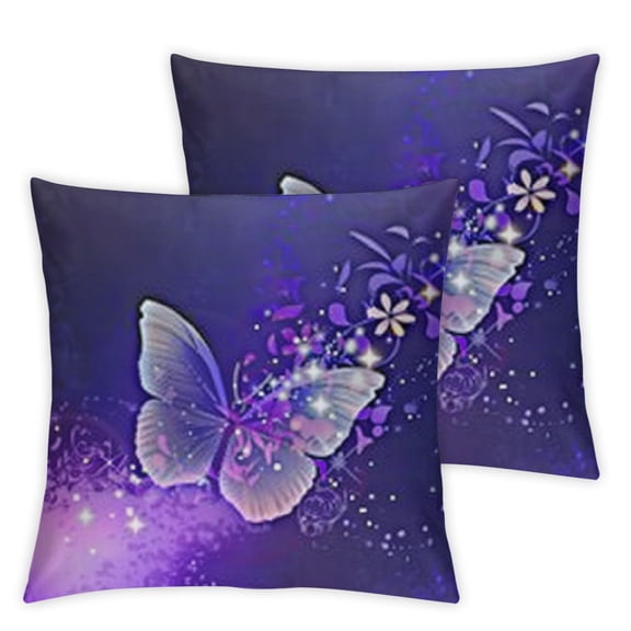 Butterfly Throw Pillow Case, Glowing Butterflies Stars Square Home Decorative Cushion Cover for Inches Pillow Covers, Purple Pack Pillowcases for Bedroom Office Dorm Couch
