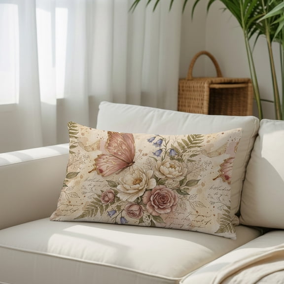 Butterfly Throw Pillow Covers, Roses Lavender Ferns French Countryside Decorative Lumbar Throw Pillowcase Cushion Cover with Smooth Hidden Zipper for Bedroom Sofa 12 x 20 Inches